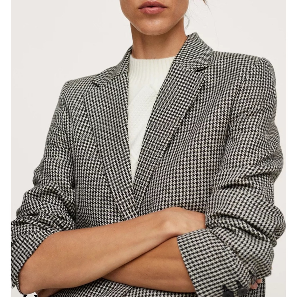 MANGO's Houndstooth classic black and White Cotton Wool-Blend Blazer